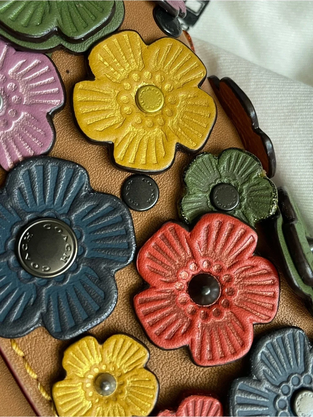 COACH Tan Floral Appliqué Leather Wristlet Clutch with Multicolor Flowers